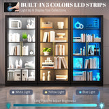 LVSOMT Display Cabinet with Glass Doors, 65" Tall Bookcase with 3 LED Lights/Human Body Sensor, 5 Tier Display Cases for Collectibles, Adjustable Storage Shelves, Home Office, Living Room, Black LVSOMT