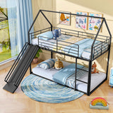 Giantex Twin Over Twin Bunk Bed with Slide & Ladder, House-Shaped Metal Bunk Bed Frame with Safety Guardrail & Roof, Heavy-Duty Kids Loft Bed for Boys Girls Junior, No Box Spring Needed, Black Giantex