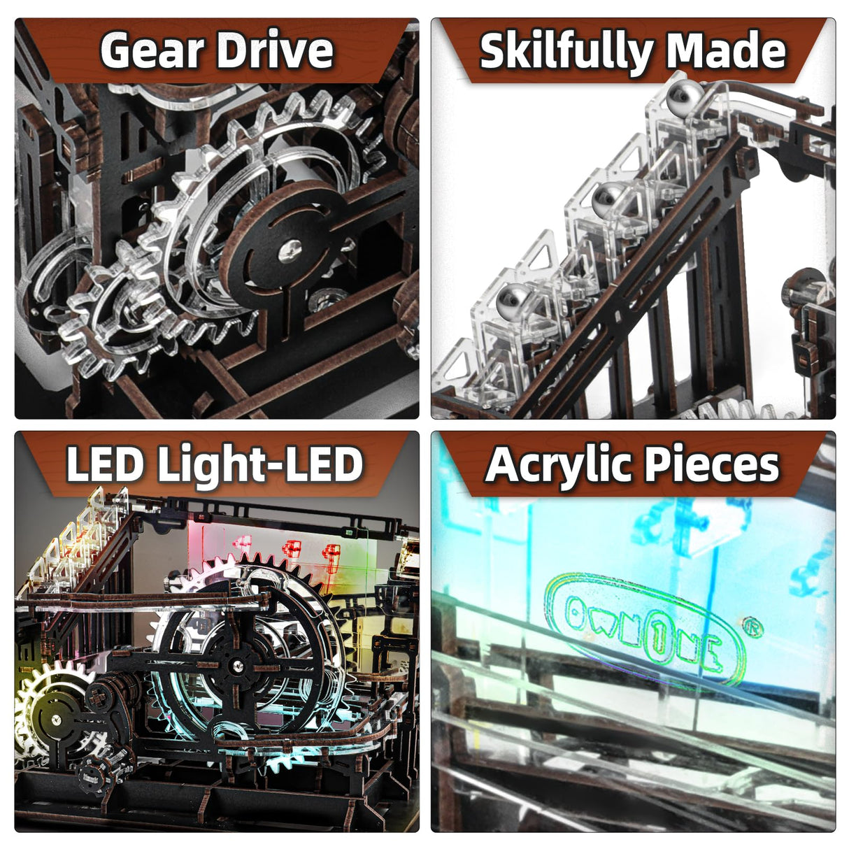 OWNONE 1 3D Wooden Puzzle Marble Run with LED Lights, Wooden Model Building Kits for Adults, Wood Mechanical Puzzle Building Set, Office Desk Decor Gift for Men Adults (312 PCS) OWNONE 1