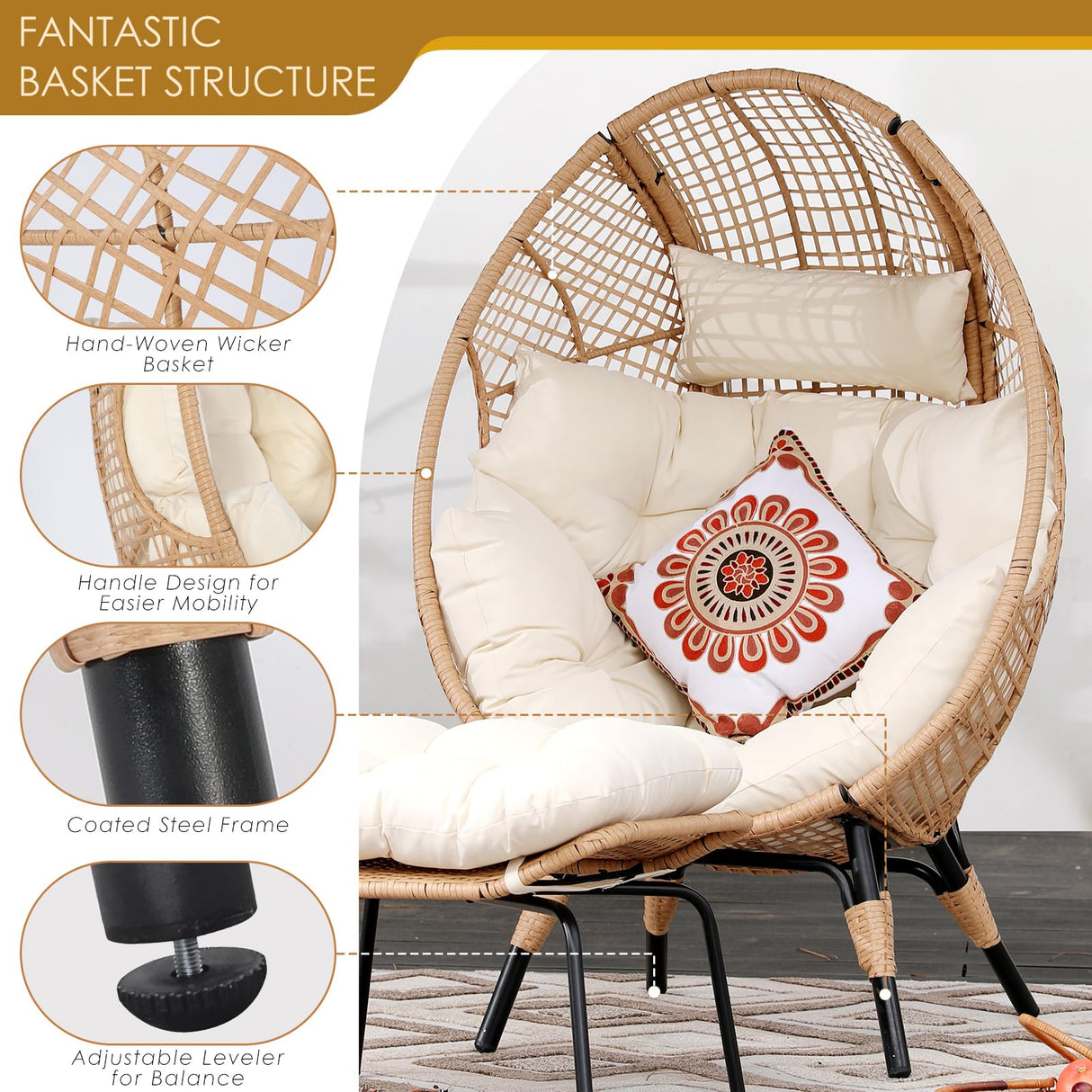 NICESOUL® Indoor Outdoor Stationary Wicker Egg Chair Oversized Thick Cushions Egg Seat with Ottoman, 440lbs Egg Basket Lounge Chair with Footrest, Boho Chair for Patio Balcony Bedroom Beige NICESOUL
