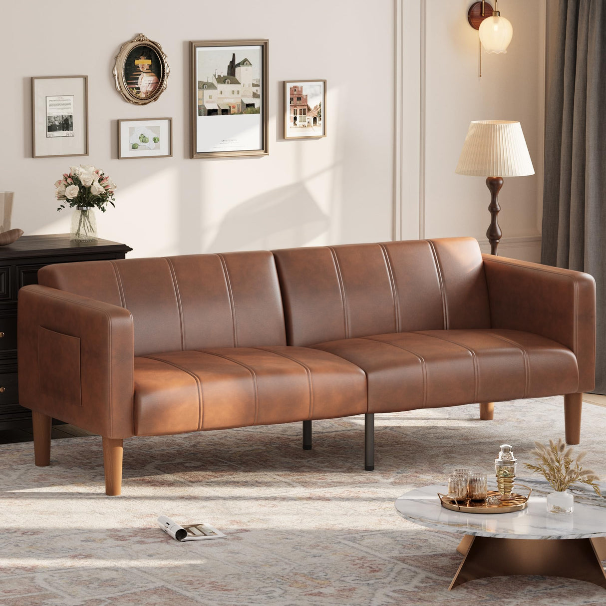 GarveeHome 75 in Futon Sofa Bed, Convertible Sleeper, Faux Leather Small Couch, Loveseat, Mid-Century Modern Couch for Living Room, Bedroom, Brown GarveeHome