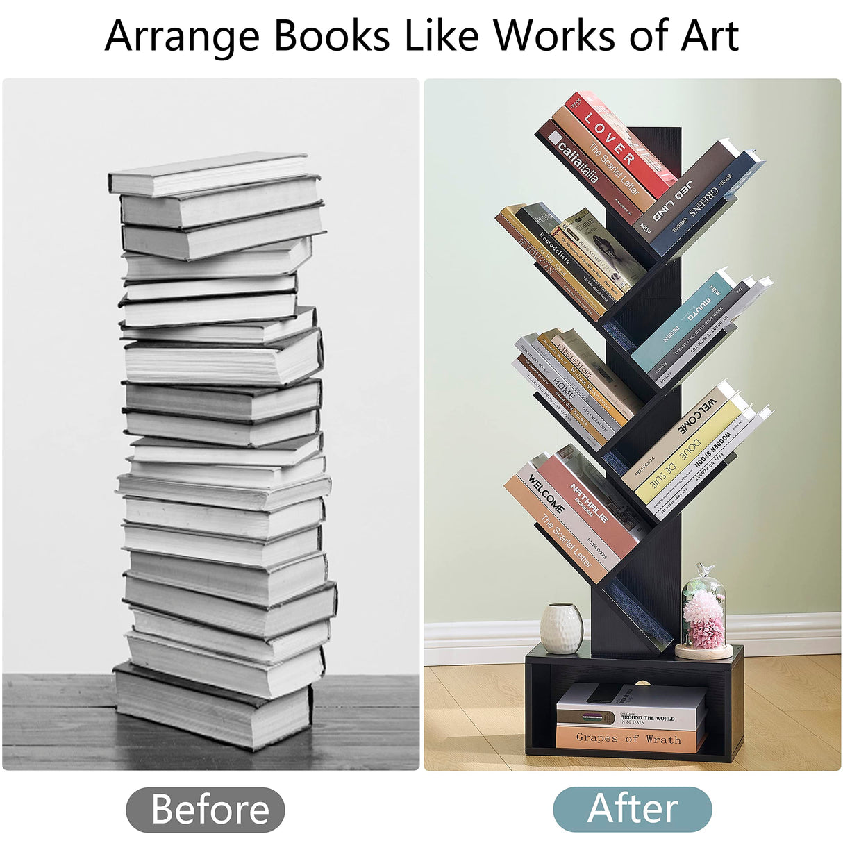 Hoctieon 6 Tier Tree Bookshelf, Tall Bookcase with Drawer, Freestanding Book Shelf, Display Floor Standing Storage Shelf, Book Organizer Shelves for Home Office, Living Room, Bedroom, Black Hoctieon