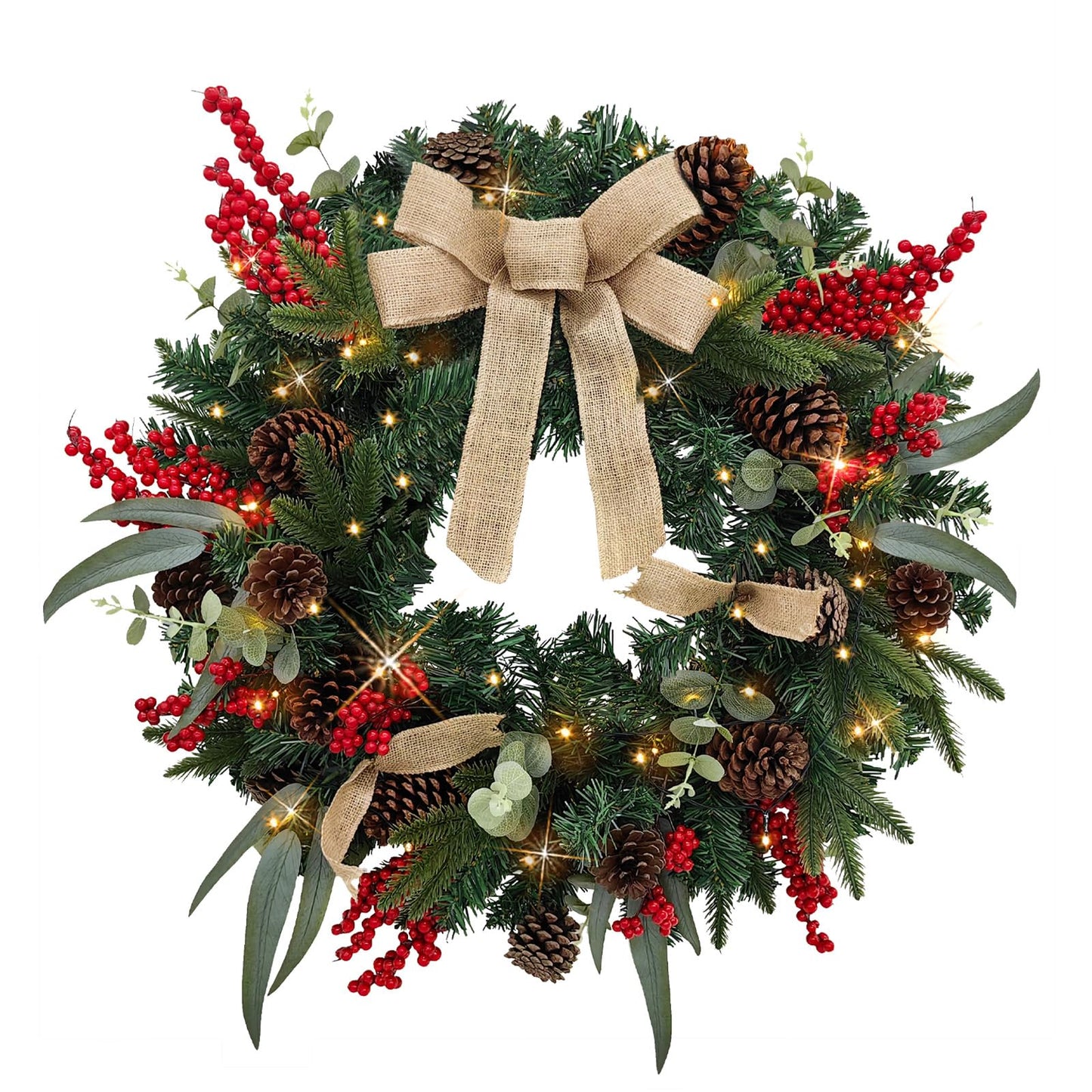 28’’ Pre-Lit Artificial Christmas Wreath, Battery Operated 35 LED Lights with Leaves, Red Berries, Natural Pine Cones, and a Linen Bow for Front Door, Xmas Wreath for Holiday Christmas Decorations