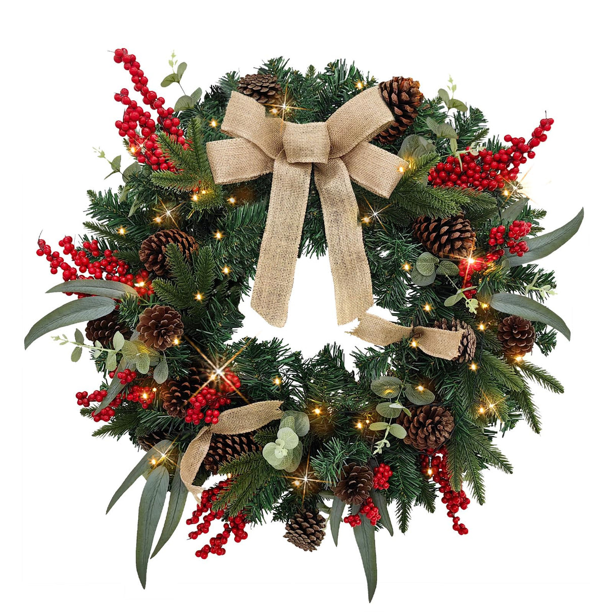 Christmas Lighted Wreath for Front Door, 28 Inches Pre-Lit 35 LED Lights, Natural Pine Cones Artificial Holiday Wreath for Indoor Outdoor Home Decorations BAYN