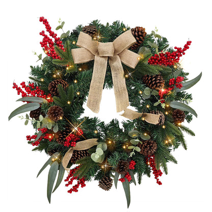 Christmas Lighted Wreath for Front Door, 28 Inches Pre-Lit 35 LED Lights, Natural Pine Cones Artificial Holiday Wreath for Indoor Outdoor Home Decorations