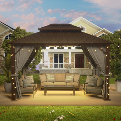 Sumshadow 12'x16' Hardtop Metal Gazebo, Outdoor Galvanized Steel Double Roof Canopy, Aluminum Patio Gazebo with Netting and Curtains for Patio, Lawns, Deck, Backyard,Grey Sumshadow