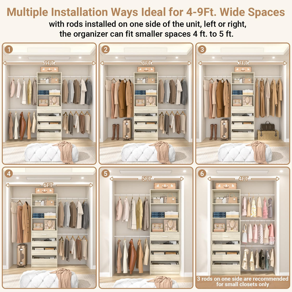 Aheaplus Closet System Set of 2, 4-9Ft Wood Closet Organizer with Drawers & Shelves, Closet Organizer System with 8 Hanging Rods, Walk-in Closets Organizer Wardrobe Closet Rack, White Oak Aheaplus