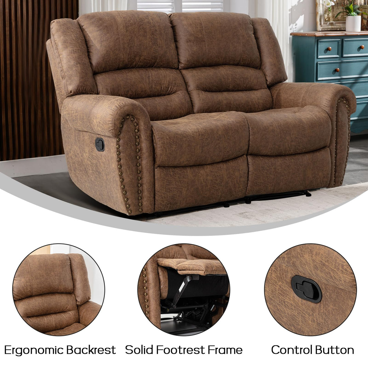EBELLO Faux Leather Manual Loveseat Recliner, 2 Seat Reclining Sofa Chair with Soft Padded Seat Backrest, Couch Sofa Set for Living Room, Bedroom Furniture, Meeting Room, Brown (Loveseat) EBELLO