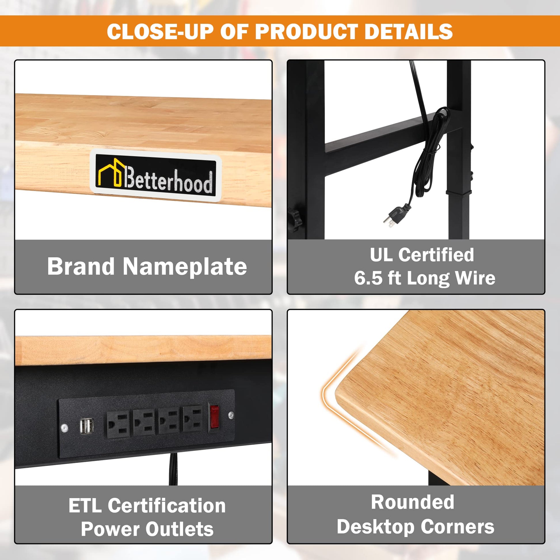 Betterhood Adjustable Height Workbench, 48" Rubber Wood Top Heavy Duty Workstation with Power Outlets, 2000 LBS Load Capacity Hardwood Worktable for - WoodArtSupply