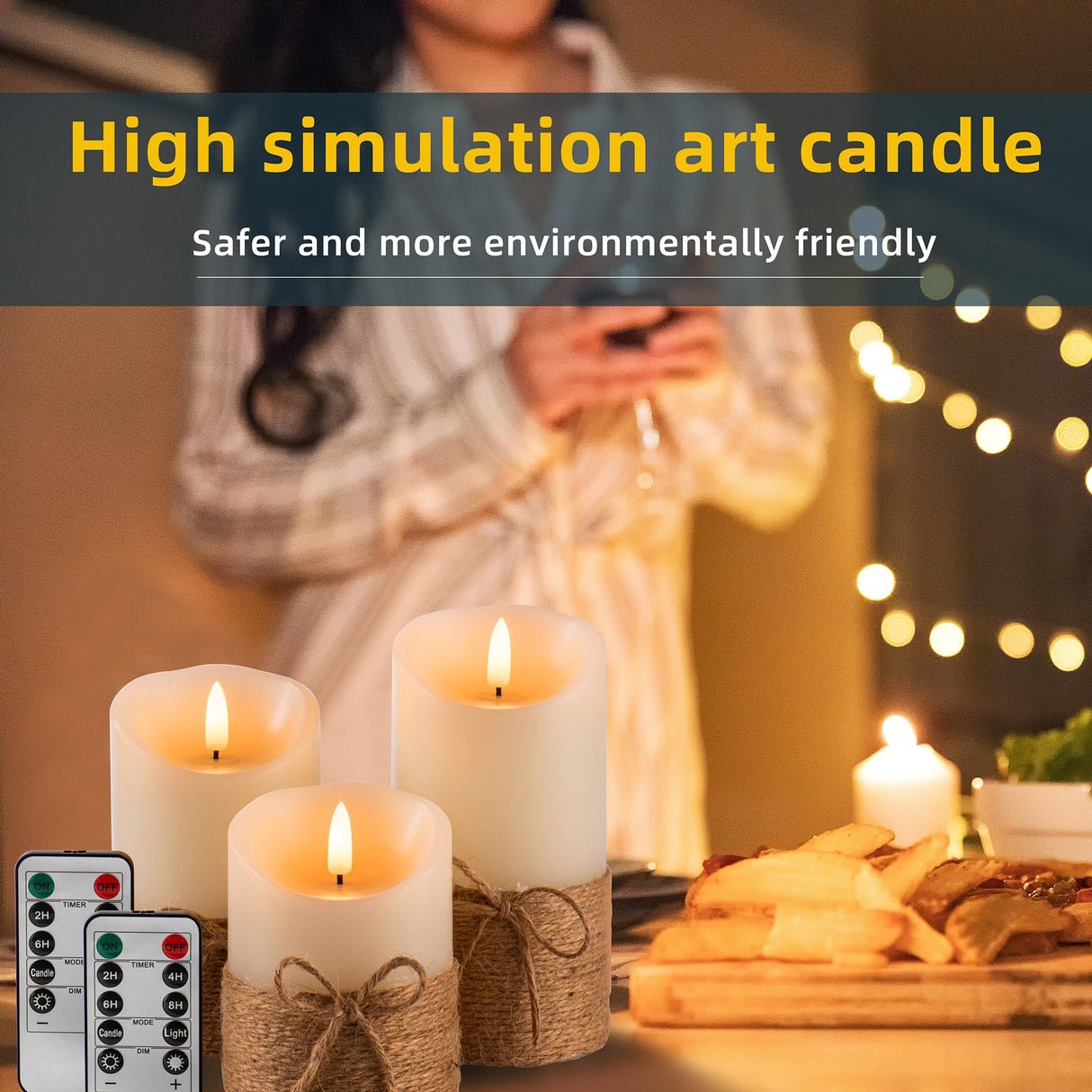 AKU TONPA Flameless Candles Battery Operated Pillar Real Wax Electric LED Candle Gift Set with Remote Control and Timer, 4" 5" 6" Pack of 3 (Ivory Wax with Hemp Rope) AKU TONPA