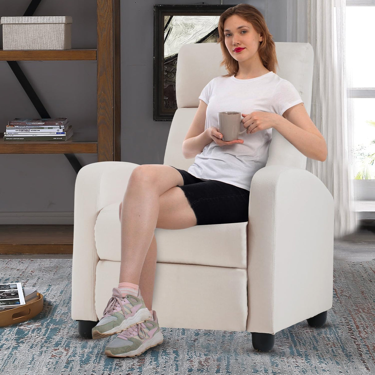 FDW Recliner Chair Home Theater Seating Reclining Sofa Push Back Recliner with Lumbar Support and Fabric Padded Seat Backrest for Living Room (Fabric Beige) FDW