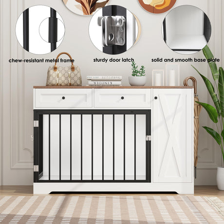Dog Crate Furniture Kennel with Double Doors Wooden Pet House with 2 Drawers and Storage Cabinet, Indoor Dog Cage Farmhouse Modern Side End Table for Small Medium Dogs, White TTVIEW
