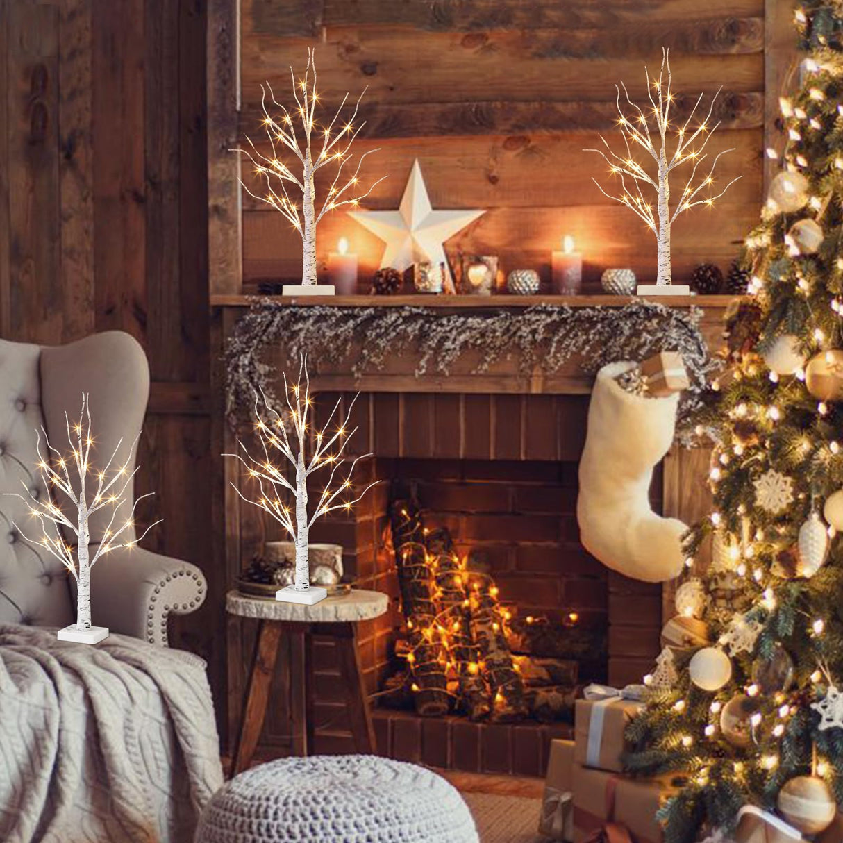 Vanthylit Christmas Tree Decorations, White Birch Tree with LED Lights- Set of 4, Warm White Small Tree Lights Battery Powered/USB, Timer Lighted Tree for Home Wedding Indoor Outdoor Decor (2 FT) Vanthylit