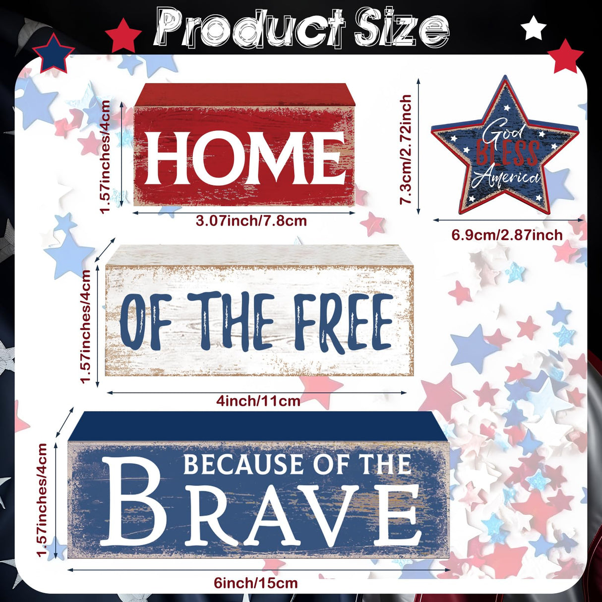 Huquary 4 Pcs Farmhouse 4th of July Patriotic Table Sign Independence Day Table Wood Decorations Patriotic Themed Rustic Farmhouse Wood Block Sign for Party Home Desk (Retro Star) Huquary