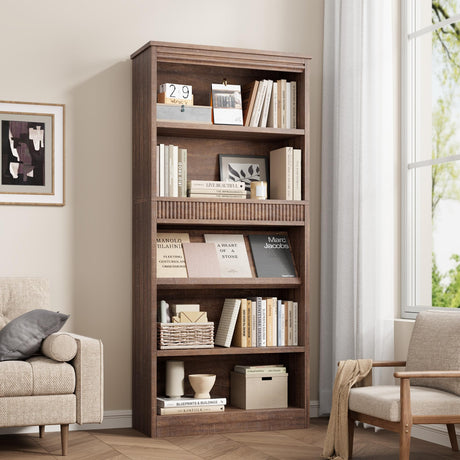 GarveeHome 71 in Farmhouse Bookcase w/Display Rack & Fluted Design, 5 Tier Tall Bookshelf with Wooden Base, Wood Bookshelf Vintage Book Shelf for Office Library (Brown, 71.5" H x 30.7" W x 11.9" D) GarveeHome