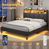 ADORNEVE Full Size Bed Frame with LED Lights and Storage Headboard, LED Bed Frame with Outlets and USB Ports, Upholstered Platform Bed with Hidden Storage, Easy Assembly, Dark Grey ADORNEVE