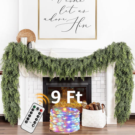 Cedar Christmas Garland with Lights for Mantle - Decorations 9ft Realistic Lighted Faux Pine Garlands for Xmas Home Decoration Indoor Stairs Railing Fireplace Outdoor 9 ft Prelit Garland Door Decor NUTIKAS