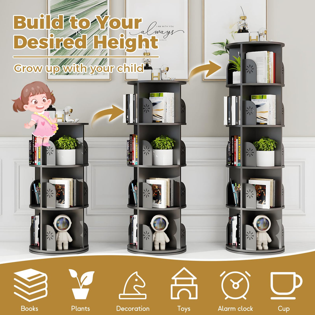 Hestiasko 5 Tier Rotating Bookshelf, 360 Rotating Bookcase, Spinning Bookshelf Tower for Kids & Adults, Corner Bookshelf for Small Space, Revolving Bookcase for Bedroom, Living Room, Black Hestiasko