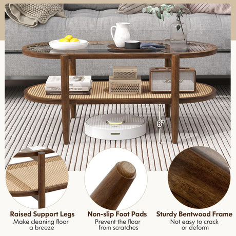 NAFORT 2-Tier Glass Coffee Table, 40" Oval Center Table with Tempered Glass Top, PE Wicker Storage Shelf, Farmhouse Modern Boho Tea Table for Living Room, Office, or Balcony (Bohemian, Brown) NAFORT