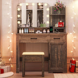 HNEBC Vanity Desk with Mirror and Lights, LED Makeup Vanity with Charging Station(USB+Type-C+2 Outlet), Farmhouse Vanitys Dressing Table with Drawer/11 Bulb,Vanity Chair with Storage (Rustic Brown) HNEBC