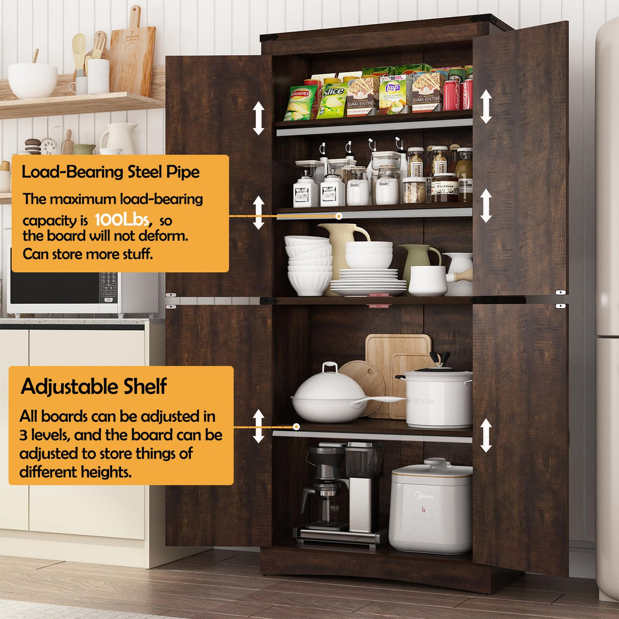 chartustriable 71in Farmhouse Kitchen Pantry Cabinet,Tall Storage Cabinet with 4 Doors and Adjustable shelves,with Load-Bearing Steel Pipe,Wood Storage Cabinets for Kitchen,Dining Room,Bathroom(Brown) chartustriable