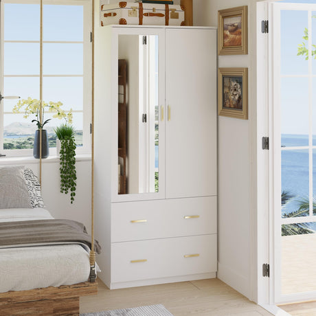 AIEGLE 2 Doors Wardrobe Armoire with Mirror, Freestanding Mirrored Armoire Wardrobe Closet with 2 Drawers, Shelves & Hanging Rod, Bedroom Wooden Clothes Organizer, White (31.5" W x 18.9" D x 72" H) AIEGLE