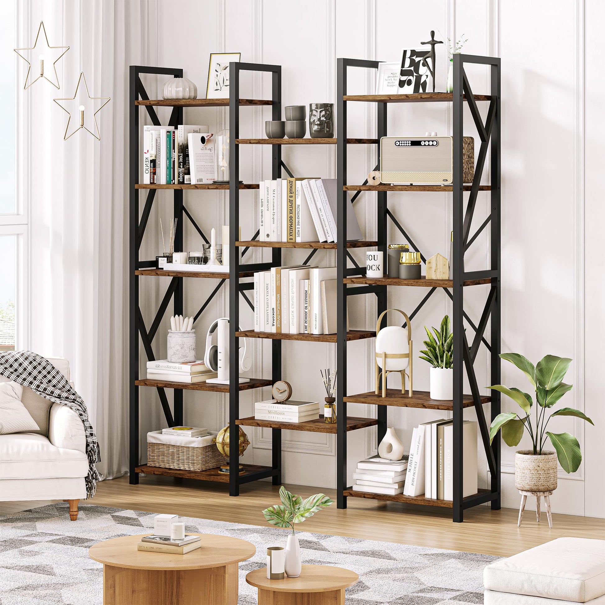 GAOMON 70.8” Triple Wide Rustic Brown 5-Tier Industrial Bookshelf with 14 Open Shelves - WoodArtSupply