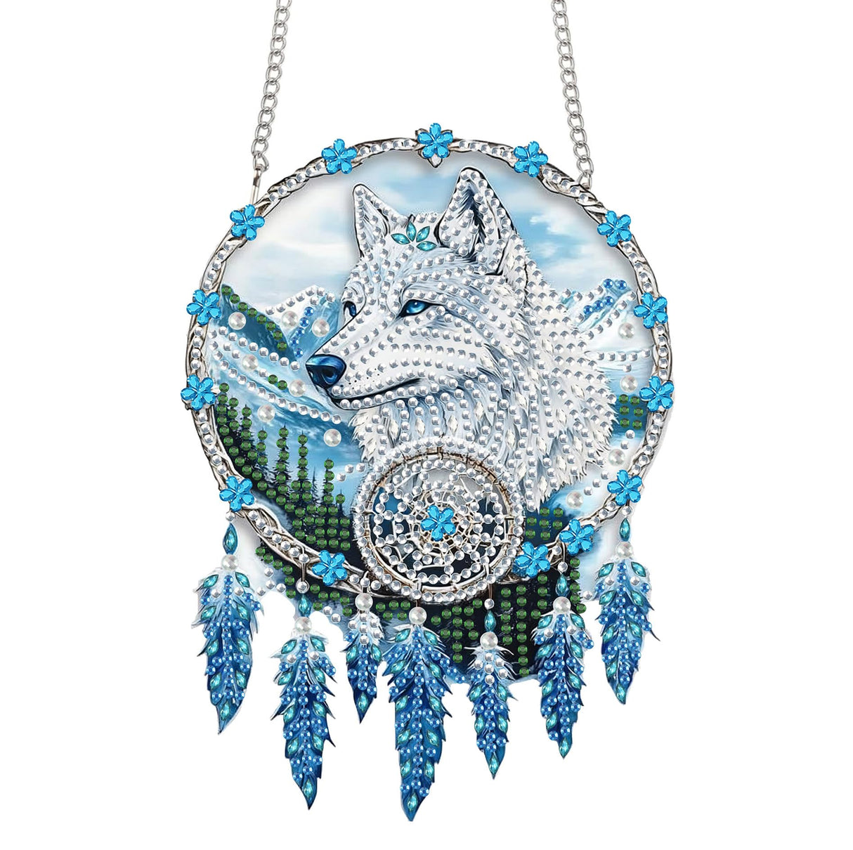 Bimkole Dream Catcher Wolf Diamond Art Hanging Kit for Adult, DIY 5D Diamond Art Painting Window Pendant, Acrylic Crystal Art Hanging Ornament for Wall Home Garden Front Door Decor - 7.8x7.8 Inch Bimkole