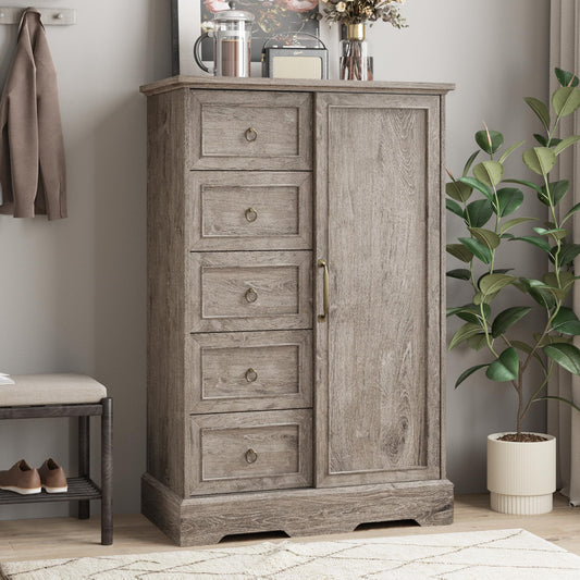 Vabches 5 Drawers Dresser for Bedroom with Sliding Barn Door, 48" Tall Farmhouse Modern Chest of Drawers, Wood Organizer Dresser for Bedroom, Hallway, Living Room, Rustic Washed Grey - WoodArtSupply