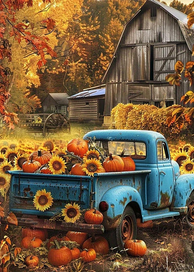 Fall Pumpkin Truck Farmhouse Diamond Painting Kits for Adults, 5D Diamond Art Kits for Adults Beginners, DIY Full Round Drill Diamond Dot Painting Gem Art Kits for Adult,Home Wall Decor 11.8x15.7 Inch