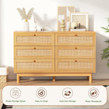 Bliss Homey 6 Drawer Dresser for Bedroom, Rattan Natural Wooden Dresser, 48" Wide Boho Chest of Drawers, Double Dresser with Wood Storage Organizer for Closet, Living Room, Hallway Bliss Homey