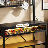 Itaar Bakers Rack with Power Outlet, 6-Tier Coffee Bar, Microwave Stand with Wine Rack, LED Lights and 10 Hooks, Bakers Racks for Kitchens with Storage, Black Itaar