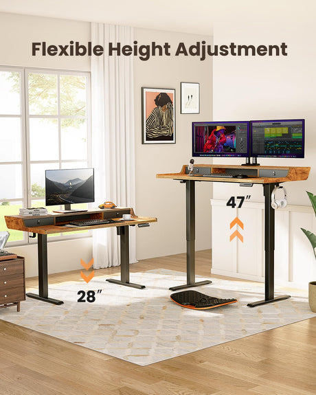 ErGear Electric Standing Desk with Drawers, 48″ x 24″ Gaming Desk with Monitor Stand, C-Clamp Mount Compatible, Home Office Height-Adjustable Desk with Storage Shelf, 4 Preset Heights, Vintage Brown ErGear