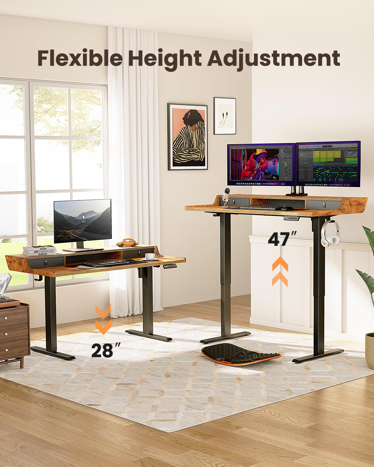 ErGear Electric Standing Desk with Drawers, 55″ x 28″ Gaming Desk with Monitor Stand, C-Clamp Mount Compatible, Home Office Height-Adjustable Desk with Storage Shelf, 4 Preset Heights, Vintag - WoodArtSupply