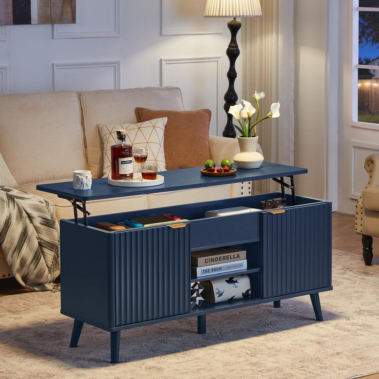 LEYAOYAO 48" Fluted Lift Top Coffee Table with Hidden Storage & Adjustable Shelves, Lifting Tabletop Large Rectangular Coffee Tables, Mid Century Modern Wood Center Table for Living Room, Nave Blue LEYAOYAO