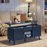 LEYAOYAO 48" Fluted Lift Top Coffee Table with Hidden Storage & Adjustable Shelves, Lifting Tabletop Large Rectangular Coffee Tables, Mid Century Modern Wood Center Table for Living Room, Nave Blue LEYAOYAO