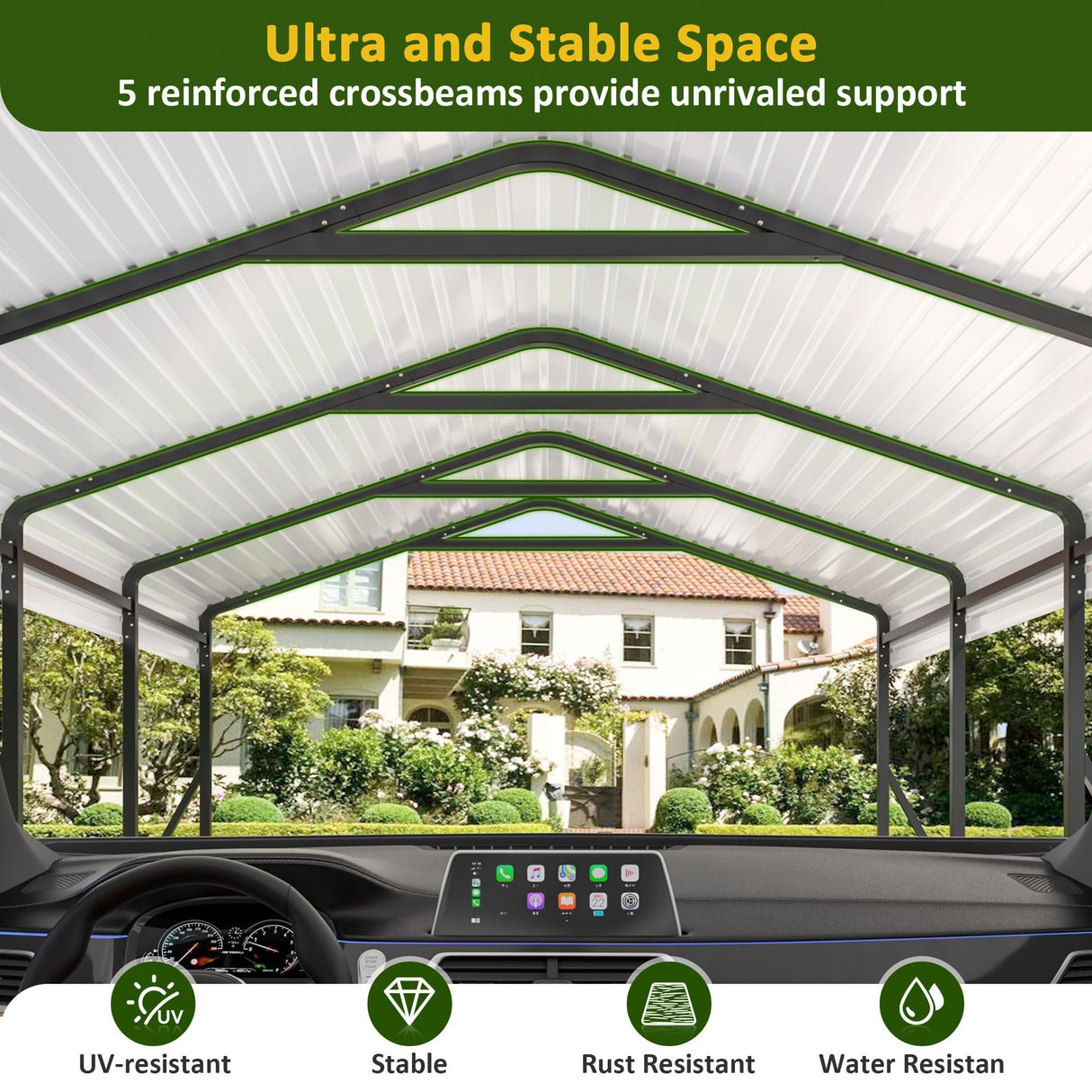 DAUSOLA Carport 12x20 FT Heavy Duty Carports Canopy with Updated Frame Structure Galvanized Steel Roof and Enhanced Base, Metal Carport Garage for Pickup, Boat, Car and Tractors DAUSOLA