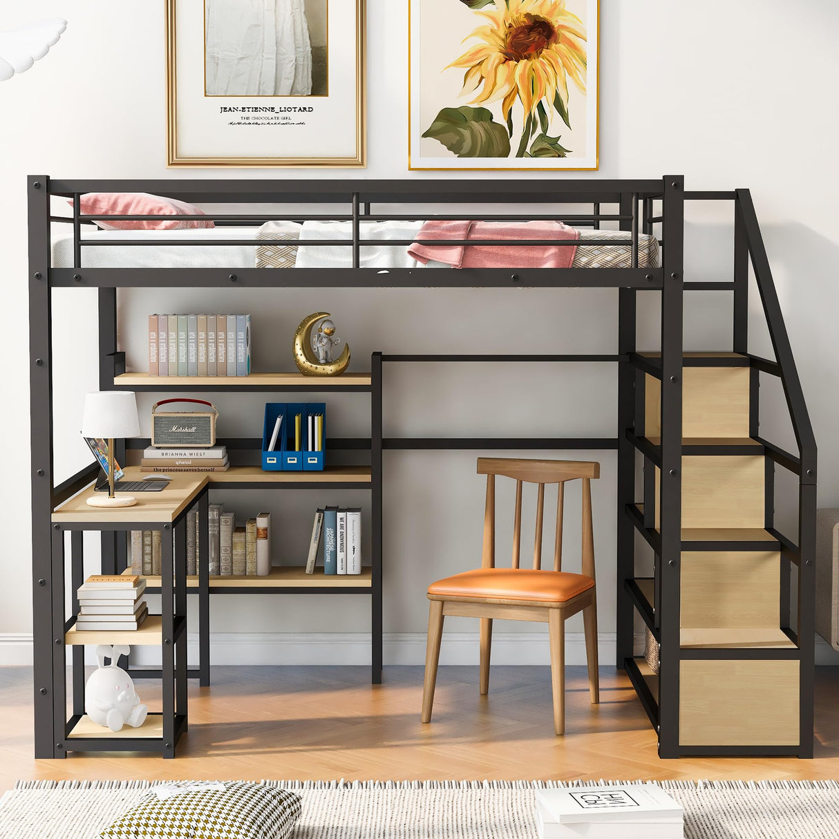 Bellemave Full Size Metal Loft Bed with Desk, Stairs, and Storage in Black Bellemave