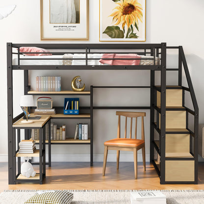 Bellemave Full Size Metal Loft Bed with Desk, Stairs, and Storage in Black - WoodArtSupply