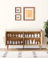 Akxomel Natural Rattan Shoe Storage Bench with Cushion, Entryway Shoe Cabinet Bench with 2 Doors, 15"D x 39.4"W x 20"H, Wooden Shoe Organizer, Adjustable Shelf, Solid Wood Legs, for Hallway, Bedroom Akxomel