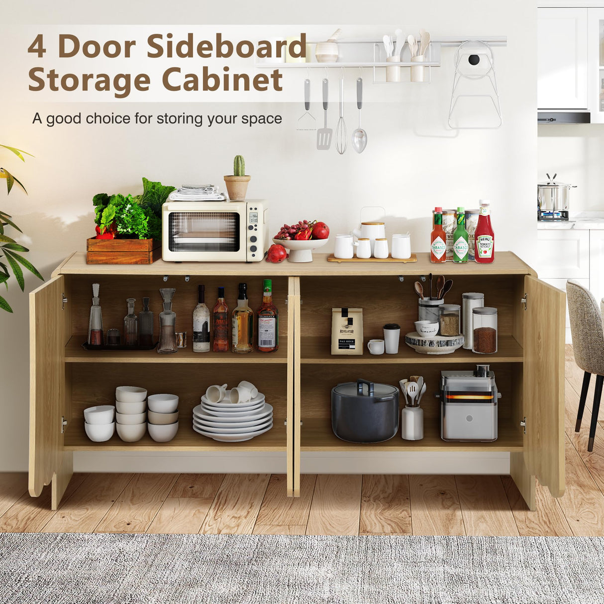 ORRD Sideboard Buffet Cabinet, Accent Storage Cabinets with 4 Doors, Farmhouse Wood Cabinet with Adjustable Shelves and Wave Panel for Living Room, Dining Room, Entry - Natural ORRD