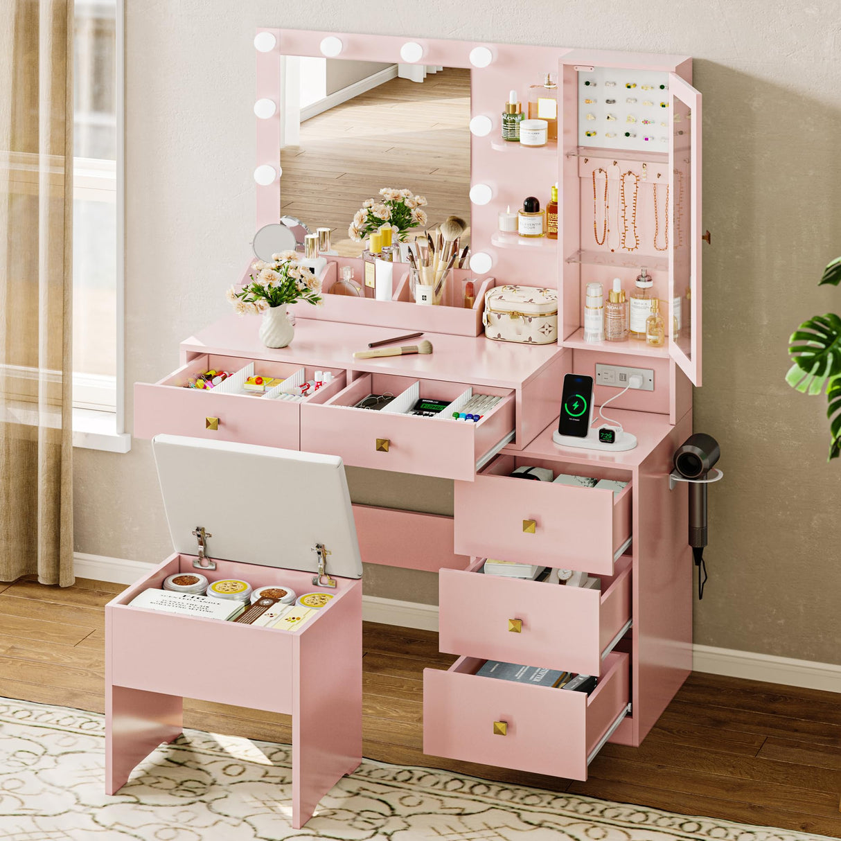 Vanity Desk with Mirror and Lights, Pink Makeup Vanity with 5 Drawers Hidden Jewelry Organizer& LED Glass Cabinet,3 Lights Mode and Brightness Adjusted,Vanity Mirror with Lights Desk and Chair HUANLEGO