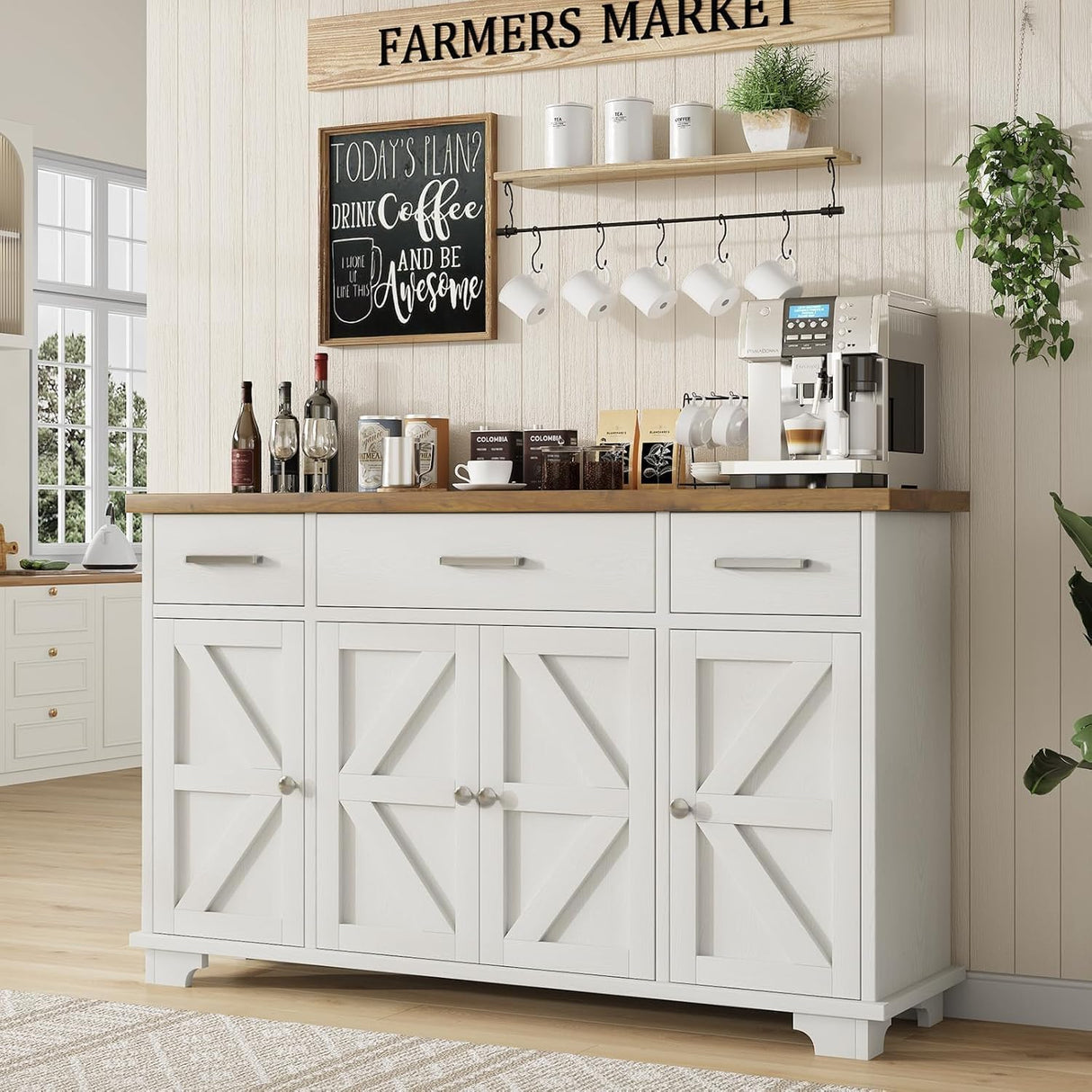 REVOMINCA 55 Inch Buffet Cabinet with 3 Drawers and 4 Barn Doors, Sideboard Coffee Bar for Kitchen, Farmhouse Coffee Bar with Storage, White REVOMINCA