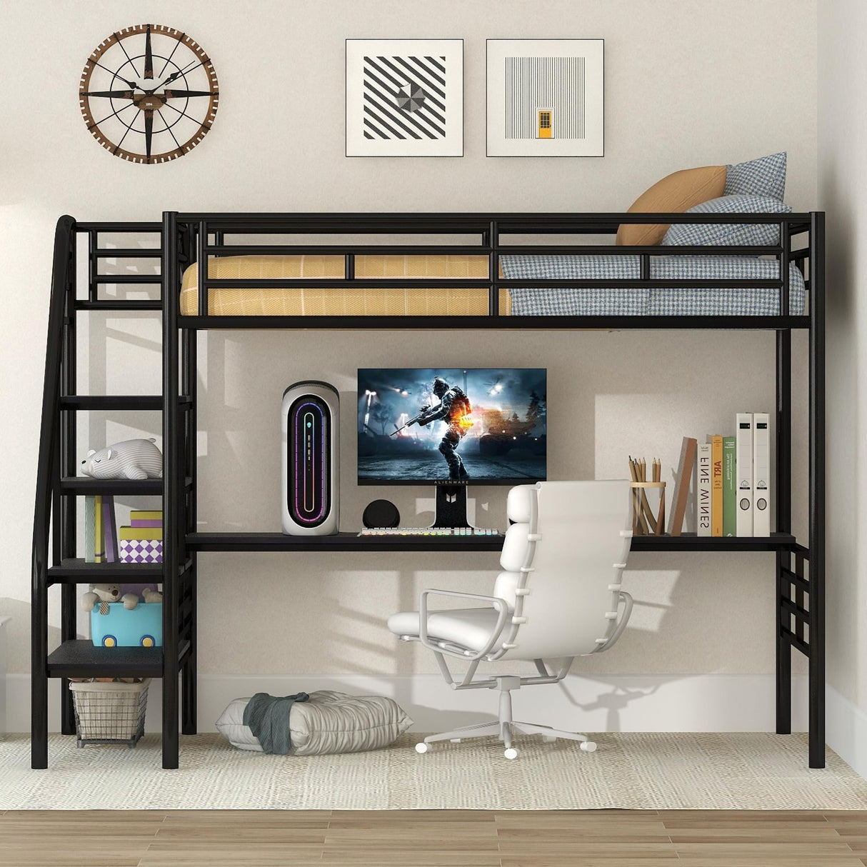 Twin Loft Bed with Desk and Storage Stairs, Heavy Duty Metal Loft Bed with Stairs and Full-Length Guardrail, Twin Loft Bed with Slats No Box Spring Needed(Twin Loft Bed Black) Bellemave