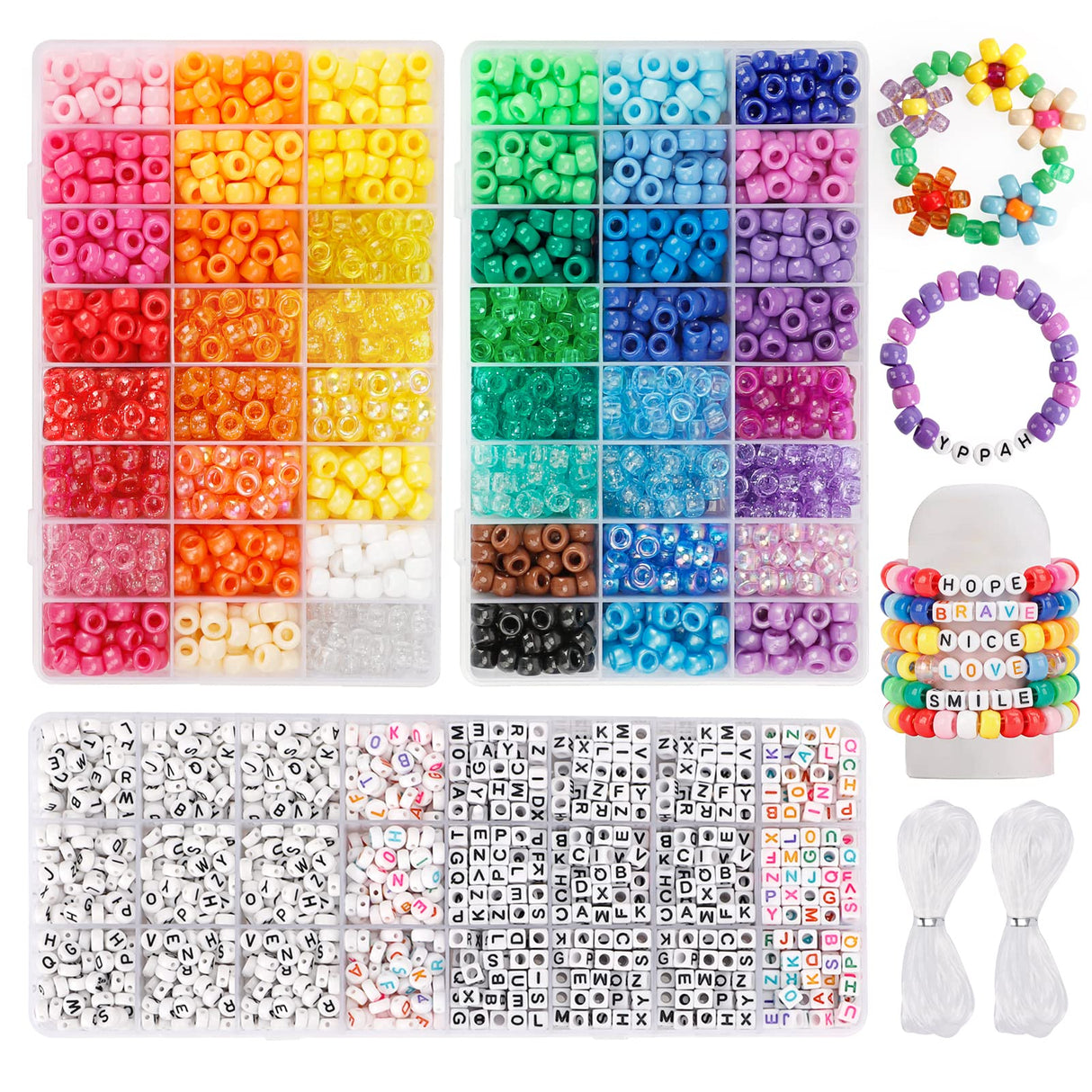 Quefe 3960pcs Pony Beads for Friendship Bracelet Making Kit 48 Colors Kandi Beads Set, 2400pcs Plastic Rainbow Bulk and 1560pcs Letter Beads with 20 Meter Elastic Threads for Craft Jewelry Necklace QUEFE