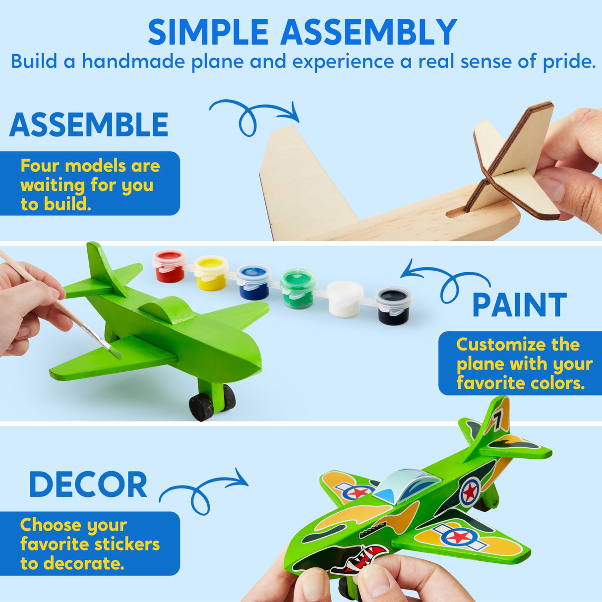 Klever Kits 4 DIY Wooden Aircrafts-Build & Paint Your Own Wooden Airplane Craft Kit, Art & Craft Kit DIY Projects, Easy to Assemble Birthday Gifts for Boys 6-12 Year Old Klever Kits