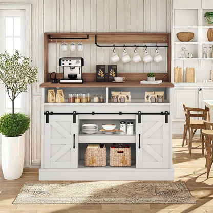 YITAHOME Farmhouse Buffet Cabinets with Storage, 47" Coffee Bar with Goblet Holder & Power Outlet, Sideboard Cabinets with Sliding Barn Doors for Kitchen, Living Room (White + Walnut)