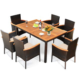 Tangkula 7 Pieces Patio Rattan Dining Set, Outdoor Conversation Set w/Acacia Wood Tabletop & Umbrella Hole, Stackable Chairs w/Soft Cushion, Table and Chair Set for Garden, Backyard (Beige) Tangkula
