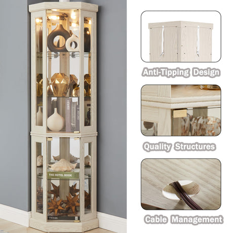 XZTUAJ Corner Curio Cabinet Display Case with Light, 69" H Glass Display Cabinet, Display Showcase Case Storage with Tempered Glass Door & Adjustable Glass Shelves for Living Room (Antique White) XZTUAJ