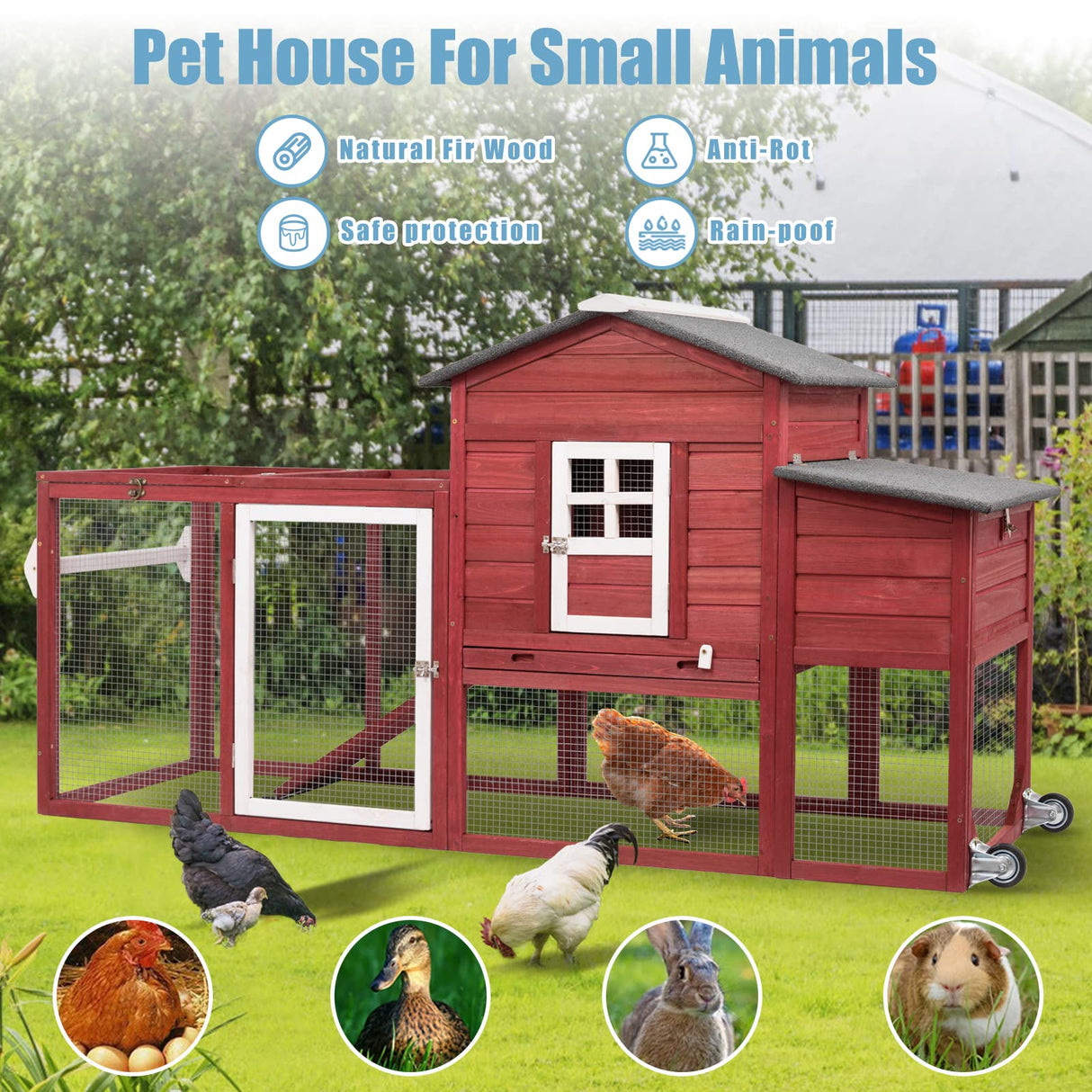 PetsCosset 79" Wooden Chicken Coop Rabbit Cage with Nesting Box, Waterproof Roof, Removable Tray, Combinable PetsCosset